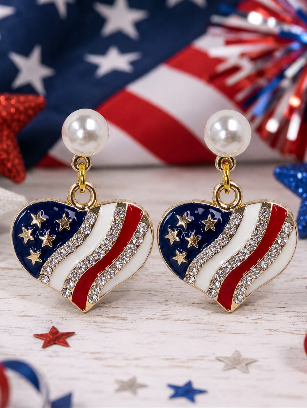4th of July Patriotic Heart Earrings Faux Pearl Stud